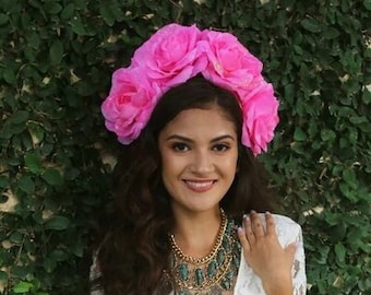 LARGE Pink Flower Headpiece Cinco de Mayo Pink Flower Crown Floral Crown Boho Mexican Fiesta Frida Kahlo Crown Bachelorette Party
