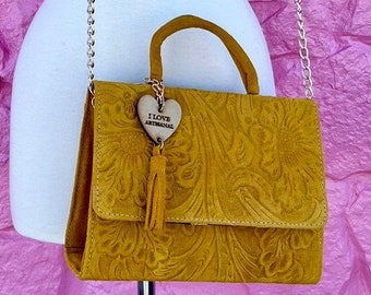 Yellow Hand Tooled Leather Purse (100% Real Leather Purse Crossbody Bag Genuine Leather Bag Tote Leather Handbag Shoulder Bag Cowgirl Gift)