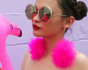 Pink Pom Pom Earrings (Fluffy Fur Furry Earrings Retro Earrings Pin Up Girl Earrings Pom Pom Feather 90's Kid Vintage Inspired Gay)