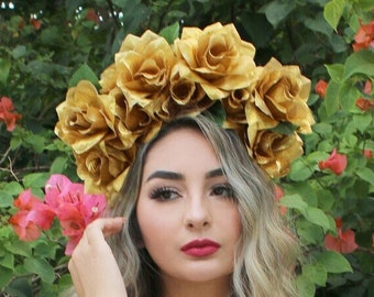 EXTRA LARGE Gold Rose Flower Crown Headband (Headpiece Bridal Flower Crown Bride Bachelorette Party Boho Wedding Music Festival Adult)