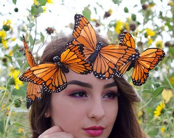 Monarch Feather Butterfly Crow Costume Headpiece Flower Crown Festival Crown Orange Headpiece Butterfly Headdress Derby Headband