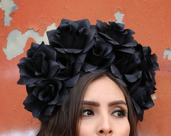 EXTRA LARGE Black Rose Flower Crown Goth Festival Black Flower Crown Black Rose Headband Black Floral Headpiece Rose Crown Flower Crown)