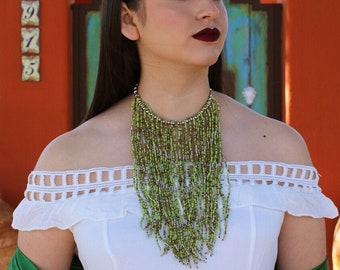 Green Multi-Strand Necklace (Beaded Necklace Gift for Her Christmas Gift Mexican Necklace Frida Costume Vintage African Necklace Cowgirl)