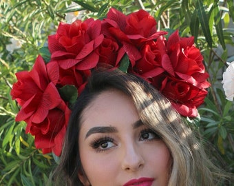 EXTRA LARGE Red Rose Flower Crown Red Rose Headband Fiesta Rose Crown Mexican Wedding Bride Floral Crown Frida Kahlo Red Flower Headband