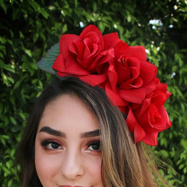 SIDE Rose Flower Crown Bohemian Red Rose Headband Fiesta Mexican Wedding Bride Day of the Dead Floral Crown Cinco De Mayo Frida Kahlo
