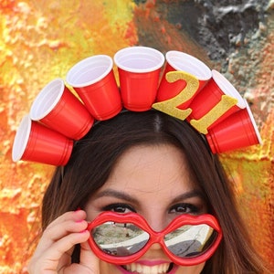 Shot Glass Headband 21st Birthday (Birthday Party Crown Popping Bottles Headpiece Photography Prop Finally 21 Red Cup College)
