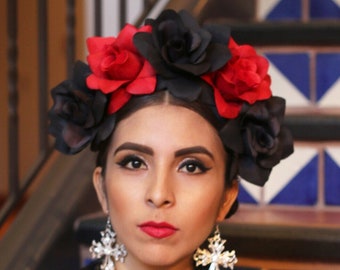 Red Black Day of the Dead Headpiece Cinco De Mayo Rose Sugar Skull Headband Goth Mexican Flower Crown Catrina Frida Kahlo Costume Goth Crown