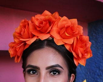 Orange Flower Headpiece Cinco de Mayo Pink Flower Crown Floral Crown Boho Mexican Headband Frida Kahlo Fiesta Coco Birthday Party Fiesta