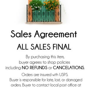 Op de afbeelding: Afbeelding van een gestileerd balkon met groene deuren, oranje omlijsting en een smeedijzeren balustrade. Twee bloembakken met witte en oranje bloemen. Tekst: "Yonder Window" en "Sales Agreement, ALL SALES FINAL".