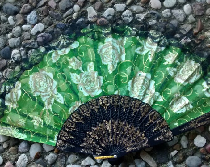 Green Spanish Hand Held Fan in Lace With Gold Glitter Floral Etsy