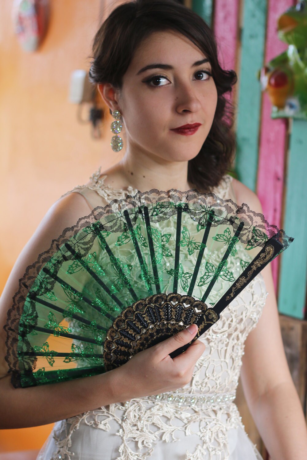 Green Hand Held Fan Butterflies Glitter Bride Bridal Etsy
