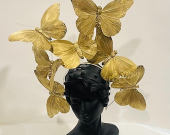 Gold Monarch Feather Butterfly Crow Costume Headpiece Flower Crown Festival Crown Orange Headpiece Butterfly Headdress Derby Headband