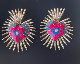 Hand-painted Wood Hearts zinc alloy spike earrings (Mexican Earrings Dangle Bohemian Retro Valentines Milagro Drop Earrings )