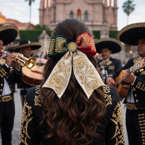 May include: A hair bow featuring a central metallic coin accent, with one side in dark green and the other in red, complemented by two long, cream-colored fabric tails adorned with intricate gold embroidery and floral patterns.