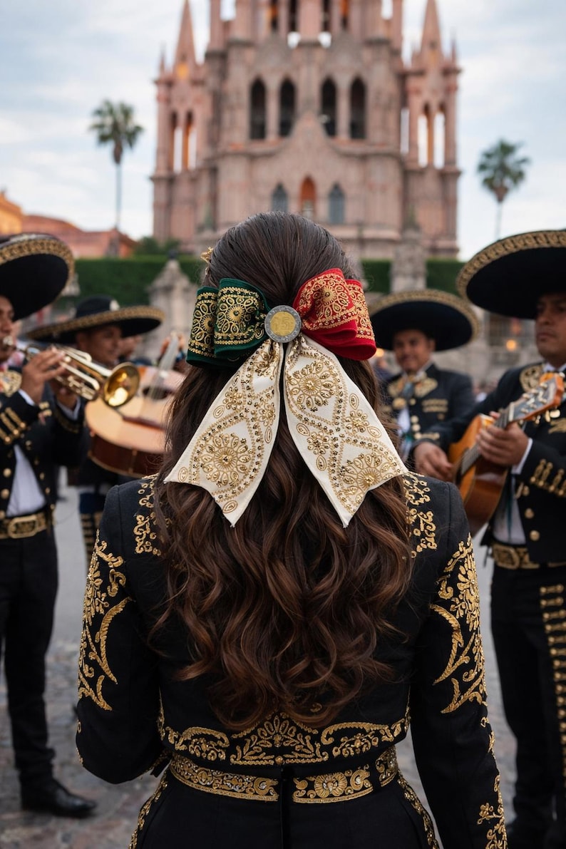 May include: A hair bow featuring a central metallic coin accent, with one side in dark green and the other in red, complemented by two long, cream-colored fabric tails adorned with intricate gold embroidery and floral patterns.