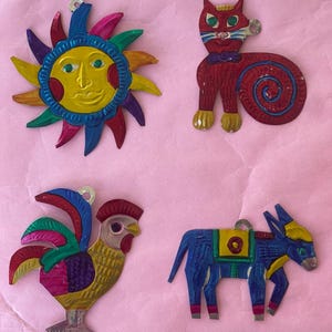 Mexican Ornament (Hand-Punched Tin Ornament Sacred Heart Milagro Colorful Mexican Folk Art Milagros Charm Christmas Ornament Set)