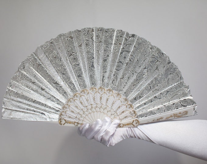 Metallic Silver Hand Held Fan Wedding Fan Bride Bridal Spanish Costume Performer Dancer