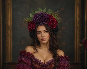 Large Floral Crown Red Roses and X-Large Chrysanthemum Purple/Black Center Wedding Hair Piece Halloween Bride -Fairy Crown