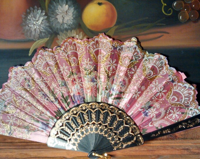 Spanish Hand Held Fan Gold Glitter Floral Designwedding Bride Etsy