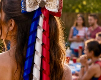 4th Of July Mariachi Bow USA Colors Hair-Clip Hair Fascinator Hair Piece Bride Moños-Clips Patriotic Hair Accessories Tri color USA Flag Cli