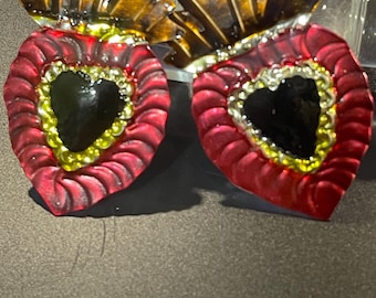 Mexican Hearts Tin Frida Kahlo Flaming Heart Dramatic Fiesta Cinco De Mayo Milagros Charms Mexican Tin Love Mexican Folk Art Ornaments