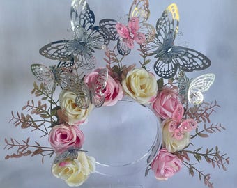 Couronne de fée rose et argentée ornée de papillons, halo de roses roses et crème, accessoire de coiffure pour la mariée