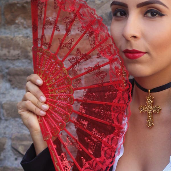 Red Butterfly Hand Held Fan (Butterflies Glitter Bride Bridal Accessory Performer Dancer Bridesmaid Spanish Victorian Wedding Costume Fairy)