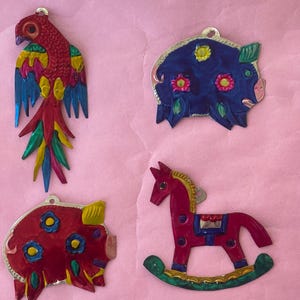 Mexican Ornament (Hand-Punched Tin Ornament Sacred Heart Milagro Colorful Mexican Folk Art Milagros Charm Christmas Ornament Set)