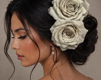 X-Large Grey Rose Hair-Clip Wedding Hair Flower Realistic Flower Hair Fascinator Wedding Rose Hair Piece Bride Bridal Rose 50's Hair Flower
