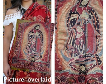 Vintage Virgen Guadalupe Shawl Scarf Wrap Soft Oversized Rebozo Wedding Mexican Shawl Costumes Ships Made in USA Winter Scarf Gift for Her