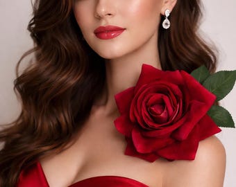 X-Large Red Velvet Rose Hair-Clip Wedding Hair Flower Realistic Hair Fascinator Wedding Rose Hair Piece Bride Bridal Rose 50's Hair Flower