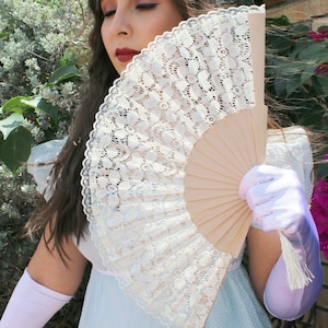 Ivory Lace On Wood Hand Held Fan (Wedding Fan Bride Bridal Spanish Costume Performer Dancer Bridesmaids Burlesque Wedding Hand Fan Favor)
