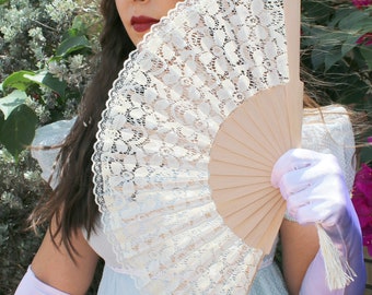 Ivory Lace On Wood Hand Held Fan (Wedding Fan Bride Bridal Spanish Costume Performer Dancer Bridesmaids Burlesque Wedding Hand Fan Favor)