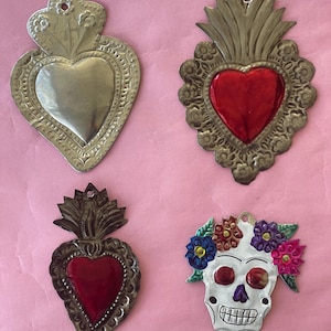 Mexican Ornament (Hand-Punched Tin Ornament Sacred Heart Milagro Colorful Mexican Folk Art Milagros Charm Christmas Ornament Set)