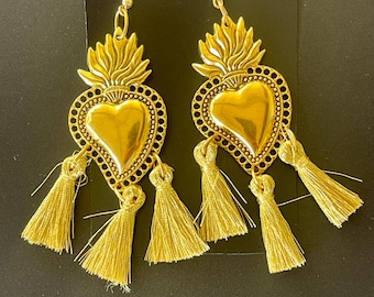 Mexican Heart Earrings Frida Kahlo Flaming Heart Dramatic Earrings Fiesta Cinco De Mayo Milagros Earrings Tazzel Love Mexican Folk Art
