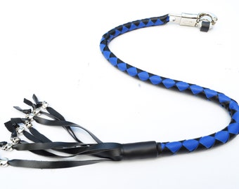 PU Leather Motorcycle Whip Get Back whip with Skull Tassels 36" - BLUE / BLACK