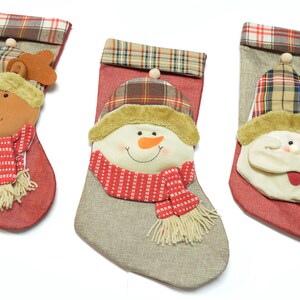 Set of 3 Classic Germain Burlap Reindeer, Santa Snowman Christmas Stockings