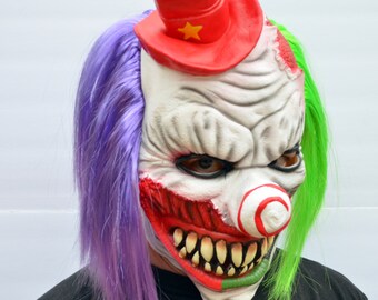 Latex Halloween Scary Evil Mad Tri Point Clown Mask with Green Hair 