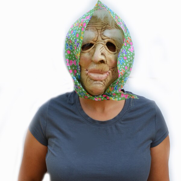 Old Lady Halloween Mask Witch Scary Creepy Woman Grandma Mask with Hair & Scarf