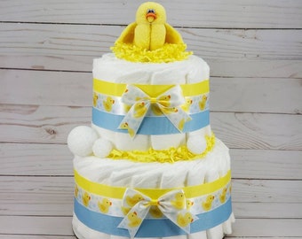 Baby ducky diaper cake duck diaper cake Gender neutral diaper cake pond nursery ryme quack yellow blue green fish flower bag clip milestone