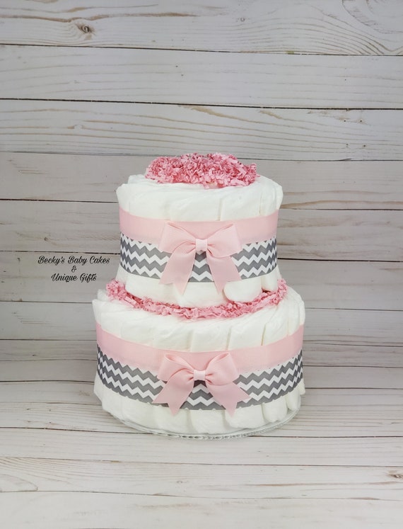 pink and gray diaper cake