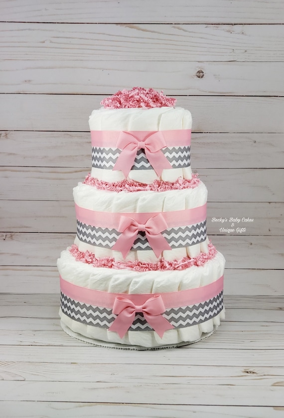 pink and gray diaper cake