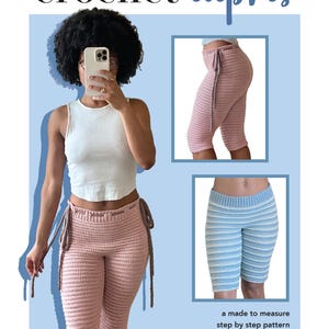以下が含まれることがあります： 画像には、ピンクとブルーのかぎ針編みカプリパンツが写っています。ピンクのカプリパンツは人が着用しており、青いカプリパンツは別の画像で表示されています。「crochet capris」というテキストが上部にあり、下部には「a made to measure step by step pattern by Khala Corley」というテキストがあります。