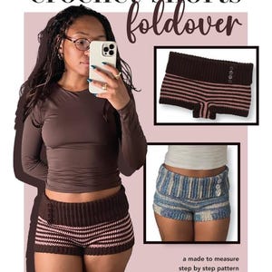 May include: Brown and pink striped crochet shorts with a foldover waistband. The image also features a close-up of the shorts and a blue and white pair. Text on the image reads "crochet shorts foldover".