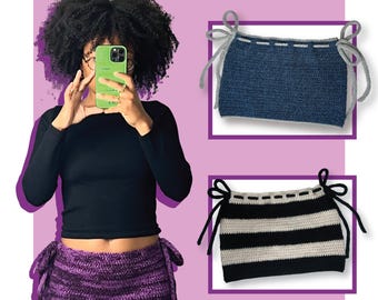 May include: The image showcases a crochet skirt mini pattern. The main image features a purple and black crochet skirt with tie closures. Two additional examples are shown: a navy blue skirt and a black and white striped skirt. Text includes "crochet skirt mini" and "a made to measure step by step pattern by Khala Corley."
