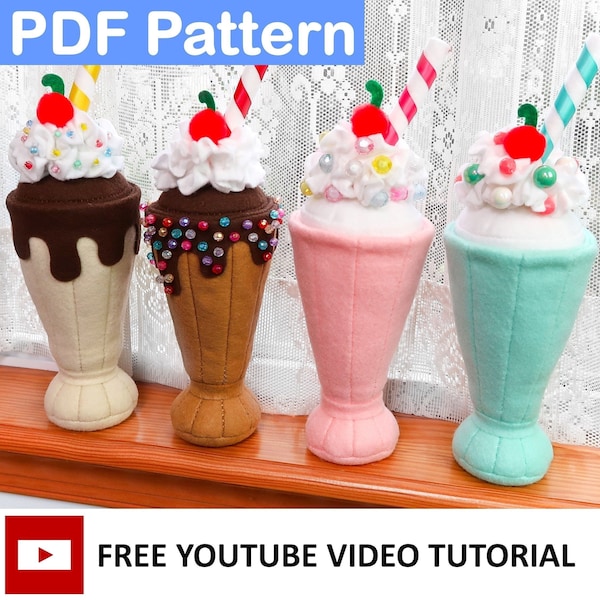 Patron PDF pour peluche Milkshake – Artisanat en feutre – Peluche en feutre pour dessert – Peluche en feutre pour salon de crème glacée – Projets de couture et tutoriel