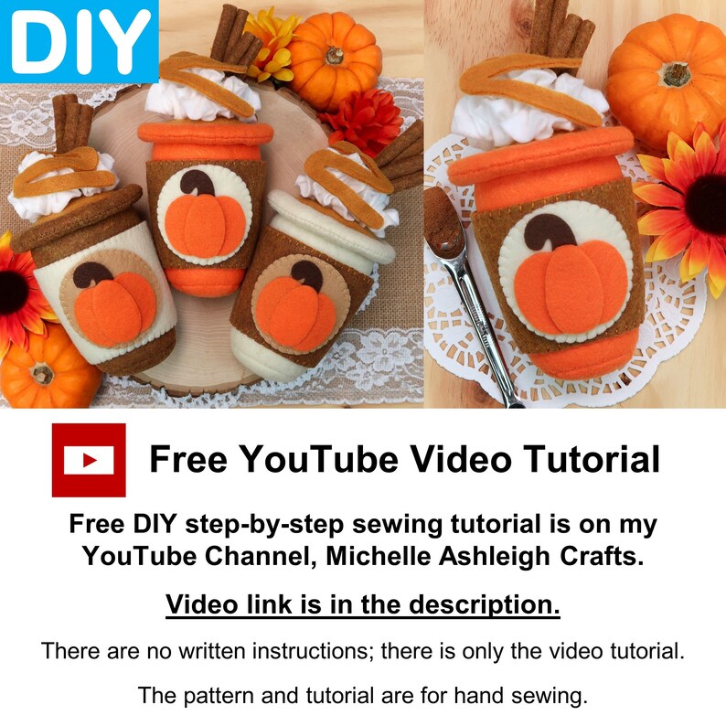 May include: Three felt pumpkin spice latte ornaments with whipped cream and cinnamon stick accents. Free YouTube video tutorial included. DIY craft project.