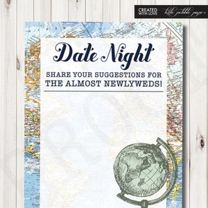 Reise Braut Shower Games, Date Night Vorschläge, Reise Themen Braut Shower, Date Night Jar, Around the World Shower Game, Ratkarte