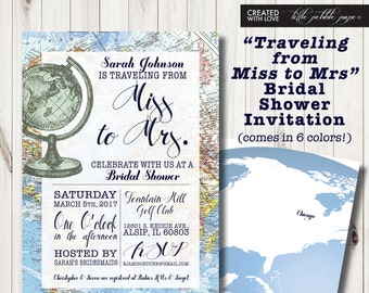 Travel Themed Bridal Shower Invitation, Around the World Bridal Shower, Miss to Mrs. Bridal Shower, Map Invitation, World Bridal Shower