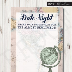 Juegos de despedida de soltera de viaje, Sugerencias de citas nocturnas, Despedida de soltera temática de viaje, Juegos de ducha de mapas, Juego de ducha alrededor del mundo, Tarjeta de consejos